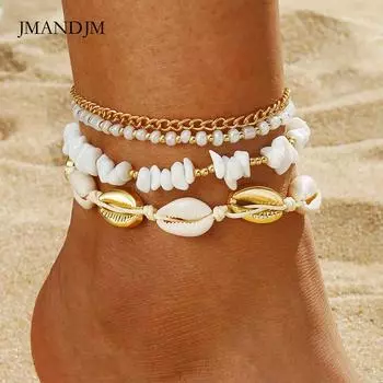 Браслет на щиколотку из ракушек и рисовых бусин в стиле Богемия, набор из 4 предметов, плетеный браслет на щиколотку из ракушек и рисовых бусин белого цвета с мелким гравием