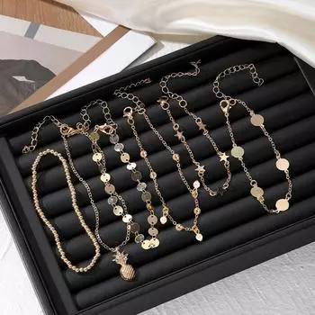 Браслет на щиколотку в винтажном стиле со звездой, многослойный браслет на щиколотку с подвеской в виде ананаса, стразами, для женщин, регулируемый, пляжный