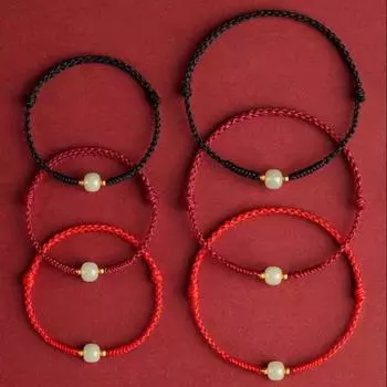 Браслет на удачу из красной веревки с бусинами животного года, плетеный вручную женский браслет на лодыжку из нефрита «Хетиан» с красными бусинами