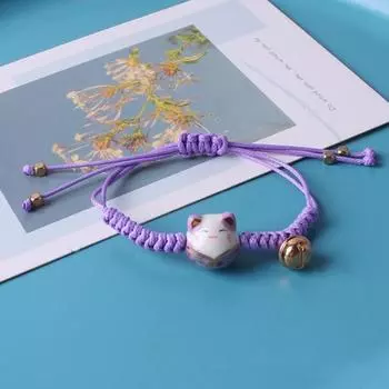 Браслет на запястье, керамический декор в виде кошки, маленький колокольчик, ручная работа, регулируемый, декоративный, темпераментный, плетеный, веревочный, подвески, браслет-шнурок для повседневной жизни розовый