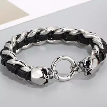 Браслет на запястье со скелетом в стиле панк-рок, мужские браслеты-манжеты из черной кожи и нержавеющей стали для мужчин, готические байкеры, ювелирные изделия 22CM
