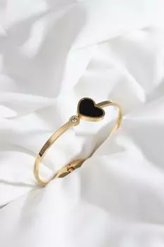 Браслет-наручники из стали с черным эмалированным сердечком золотого цвета