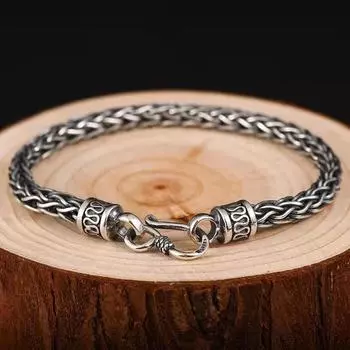 Браслет National Tide Retro для мужчин Tide Single Simple Trend Personality, плетеный вручную серебряный браслет, аксессуары для отца 18cm