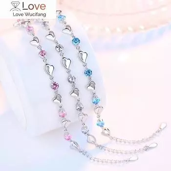 Браслет Nehzy из стерлингового серебра 925 пробы, новый, высокое качество, ретро, простой, цветной, в форме сердца, с кубическим цирконием, длина 17 см +4 см