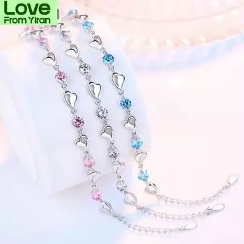 Браслет Nehzy из стерлингового серебра 925 пробы, новый, высокое качество, ретро, простой, цветной, в форме сердца, с кубическим цирконием, длина 17 см +4 см
