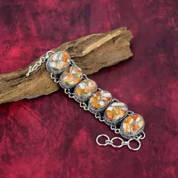 Браслет Orange Spiny Oyster, 925 пробы продано стерлингового серебра драгоценные камни ювелирные изделия, браслет ручной работы удивительные ювелирные изделия, подарок для нее Adjustable with 8 inches оранжевый