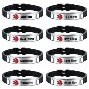 Браслет от аллергии на пенициллин, медицинский сигнал тревоги для детей и мужчин, браслеты из нержавеющей стали с защитой от аллергии на пчелу и арахис, силиконовые браслеты China
