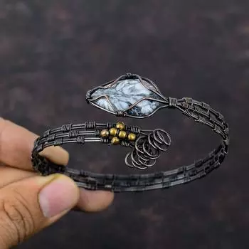 Браслет Pinolith Jasper, обмотанный медной проволокой, регулируемый браслет, браслет ручной работы с драгоценными камнями, обмотанный медной проволокой, ювелирное изделие, подарок для нее