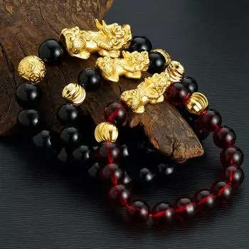 Браслет Pixiu из песочного золота для мужчин и женщин в китайском стиле с черным камнем и винно-красным имитацией золота, браслет Pixiu с бусинами, ювелирные аксессуары
