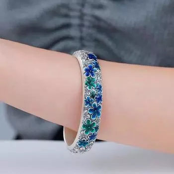 Браслет-подкова с эмалью и цветущей сливой, женский браслет в стиле ретро, этнический стиль, открытый браслет синего цвета, модный one size(16-22CM)