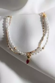 Браслет-подвеска из двух частей с жемчугом и золотой цепочкой из красного камня и груши