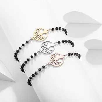 Браслет-подвеска из нержавеющей стали «Древо жизни» для женщин, черный браслет-цепочка с хрустальными бусинами, вечерние модные женские украшения для девочек серебряный