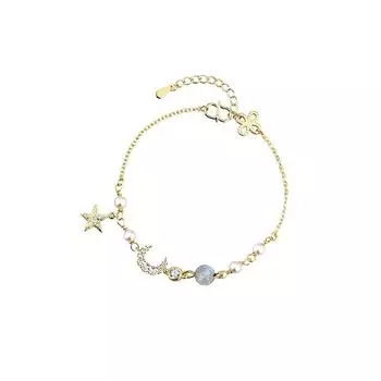 Браслет-подвеска из стерлингового серебра 925 пробы с луной и звездами, браслет с лунным камнем, клубничным камнем для девочек, подарки, ювелирные изделия, оптовая продажа, S-B329