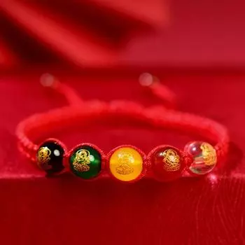Браслет Пять Богов Богатства Женский Мужской Кристалл Агат Халцедон Нефрит Красная Веревочка Браслет Красный Наручный Шнурок The bead diameter is about 8mm