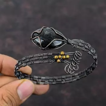 Браслет Psilomelane из медной проволоки, обернутый драгоценными камнями, браслет-манжета ручной работы, стильный браслет, регулируемый браслет из медной проволоки, ювелирные изделия, подарок на годовщину