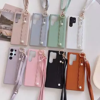 Браслет + ремешок чехол для телефона для Samsung S24 S23 + S22 Ultra A24 A54 A53 A52 противоударный волнистый жемчужный ремешок на руку с подставкой и держателем задняя крышка Samsung S23 хаки