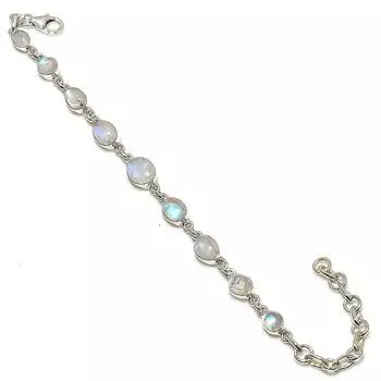 Браслет ручной работы из чистого серебра 925 пробы с натуральным радужным лунным камнем 7-8 дюймов g6W38