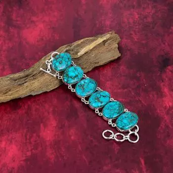 Браслет ручной работы из голубого бирюзового драгоценного камня, старинный ювелирный браслет из стерлингового серебра 925 пробы, для подарка на помолвку Adjustable with 8 inches синий