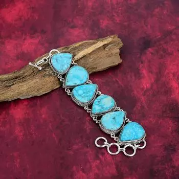 Браслет ручной работы из голубого бирюзового драгоценного камня, старинный ювелирный браслет из стерлингового серебра 925 пробы, для подарка на помолвку Adjustable With 8 Inches синий