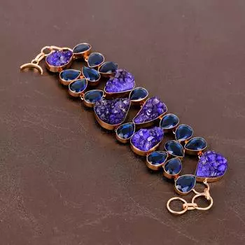 Браслет ручной работы из меди с натуральным аметистом, друзами, иолитом, драгоценными камнями 7-8 I1a96