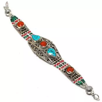 Браслет ручной работы из натуральной тибетской бирюзы и коралла 7-8 дюймов A2Y84