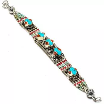 Браслет ручной работы из натуральной тибетской бирюзы и коралла 7-8 дюймов W6f51