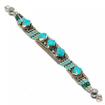 Браслет ручной работы из натуральной тибетской бирюзы и драгоценного камня млахит 7-8 дюймов A1Z64