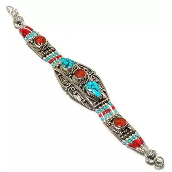 Браслет ручной работы из натуральной тибетской бирюзы и коралла 7-8 дюймов i2L07