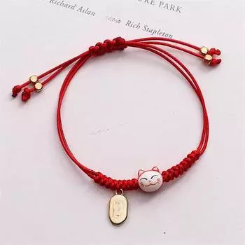 Браслет ручной работы из разноцветной веревки с изображением кошки на удачу для женщин и девочек, подарки на день рождения, модные браслеты Maneki Neko для пар красный