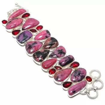 Браслет ручной работы из серебра 925 пробы с родонитом и гранатом, длина 7-8 дюймов JCB353-4