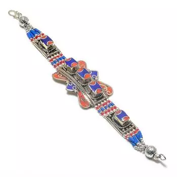 Браслет ручной работы из серебра 925 пробы с лазуритом и кораллом, длина 7-8 дюймов, D1e25