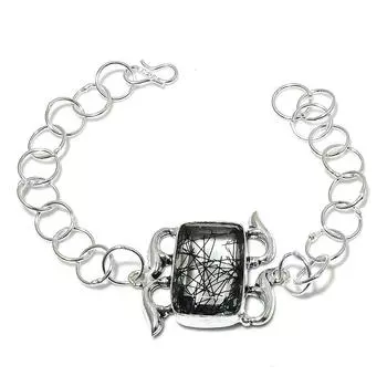 Браслет ручной работы из серебра 925 пробы с черным рутиловым камнем 7-8 дюймов y8p09