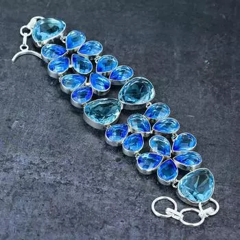 Браслет ручной работы из серебра 925 пробы с голубым топазом, длина 7-8 дюймов, c3J45