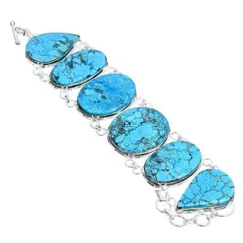Браслет ручной работы из серебра 925 пробы с бирюзовым камнем Браслет из натуральной бирюзы с штампованным драгоценным камнем 925 пробы 7 синий