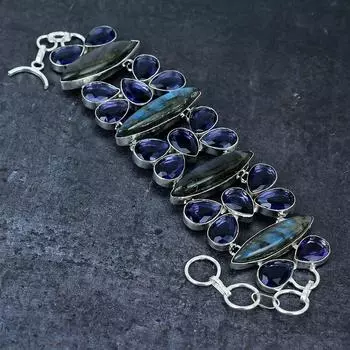 Браслет ручной работы из серебра 925 пробы с лабрадоритом и аметистом, длина 7-8 дюймов, u5O00