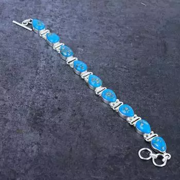 Браслет ручной работы из серебра 925 пробы с натуральным бирюзовым камнем 7-8 дюймов A6C36