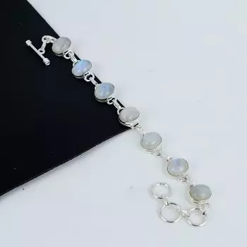 Браслет ручной работы из серебра 925 пробы с радужным лунным камнем, браслет из радужного лунного камня для жены, браслет унисекс на день рождения, подарок жене Flow 8 белый
