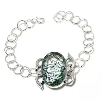 Браслет ручной работы из стерлингового серебра 925 пробы с натуральным черным рутилом 7-8 дюймов Y4s83