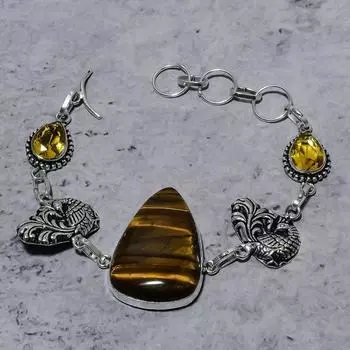 Браслет ручной работы из стерлингового серебра 925 пробы с натуральным тигровым глазом и цитрином 7–8 дюймов G2z30
