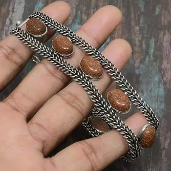 Браслет ручной работы из стерлингового серебра 925 пробы с красным солнечным камнем для нее 7-8 Inches коричневый