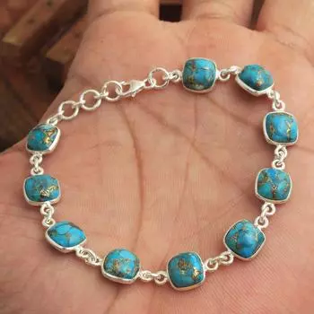 Браслет ручной работы из стерлингового серебра 925 пробы с синим медным бирюзовым драгоценным камнем. Массивные ювелирные изделия. синий