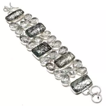 Браслет ручной работы из стерлингового серебра 925 пробы с натуральным черным рутилом и топазом 7–8 дюймов S4S68