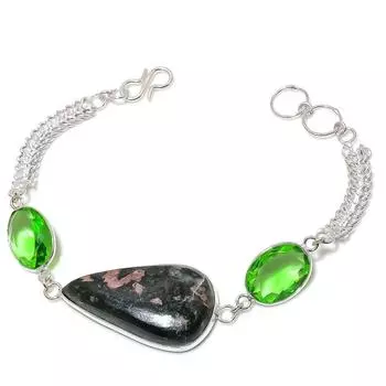 Браслет ручной работы из стерлингового серебра 925 пробы с натуральным родонитом и цаворитом 7-8 дюймов o9v09