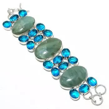 Браслет ручной работы из стерлингового серебра 925 пробы с натуральным аквамарином и голубым топазом 8 дюймов f6n20