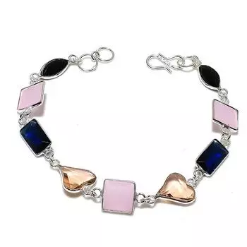 Браслет ручной работы из стерлингового серебра 925 пробы с натуральным розовым халцедоном 7-8 дюймов Y7P46