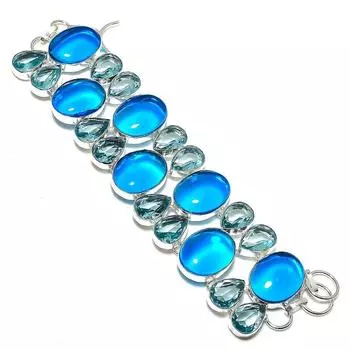 Браслет ручной работы из стерлингового серебра 925 пробы с натуральным лондонским голубым топазом 7–8 дюймов D3F48