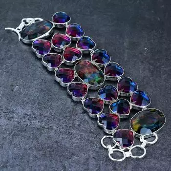 Браслет ручной работы из стерлингового серебра 925 пробы с аммолитом и турмалином 7-8 дюймов q7C79