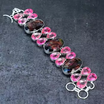 Браслет ручной работы из стерлингового серебра 925 пробы с аммолитом и турмалином 7-8 дюймов L3I34