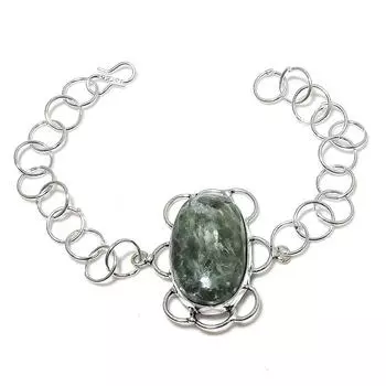 Браслет ручной работы из стерлингового серебра 925 пробы с натуральным серафинитом 7–8 дюймов P7t53