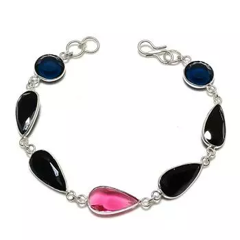 Браслет ручной работы из стерлингового серебра 925 пробы с натуральной черной шпинелью 7–8 дюймов J6T43